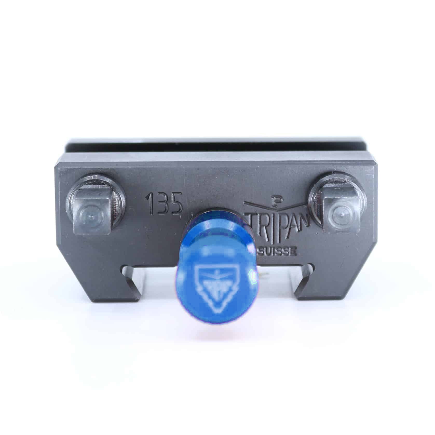 Ensemble porte-lame Tripan® 135 vu de face avec écrou de réglage bleu
