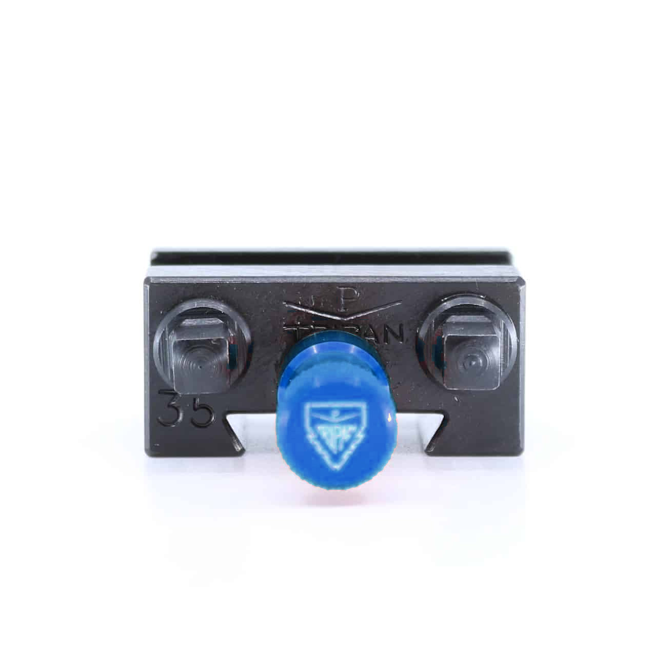 Ensemble porte-lame Tripan® 35 vu de face avec écrou de réglage bleu