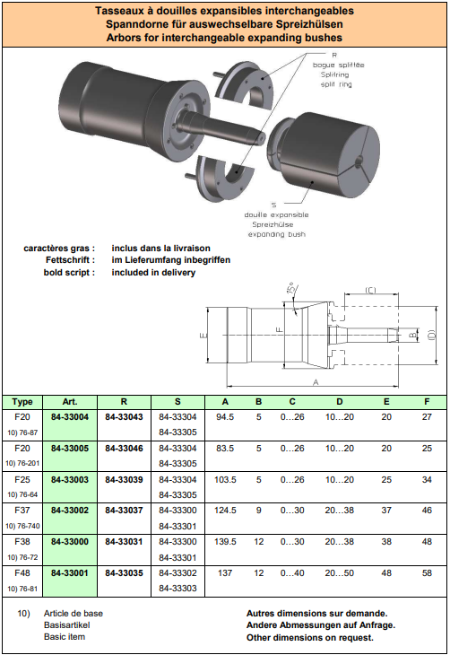 Arbors for interchangeable expanding bushes "SCHAUBLIN" F25